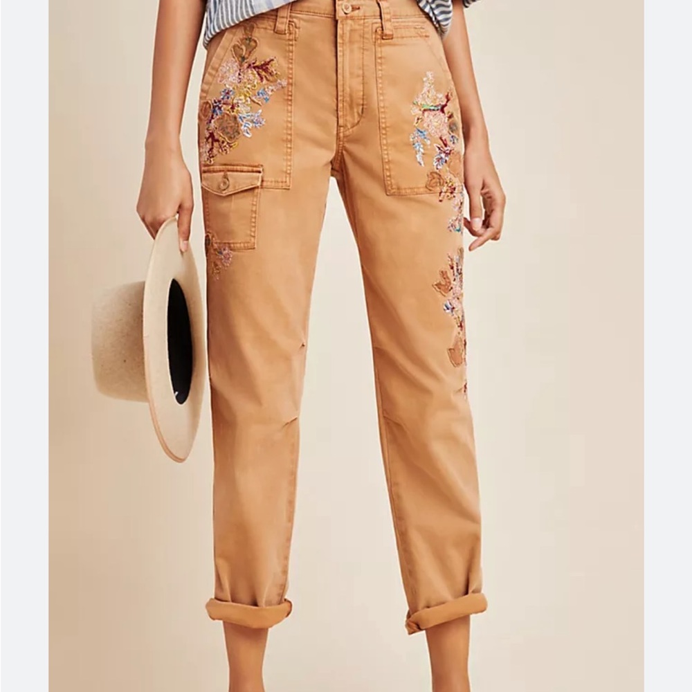 Anthropologie Tan Embroidered Cropped Pants - Picture 13 of 13